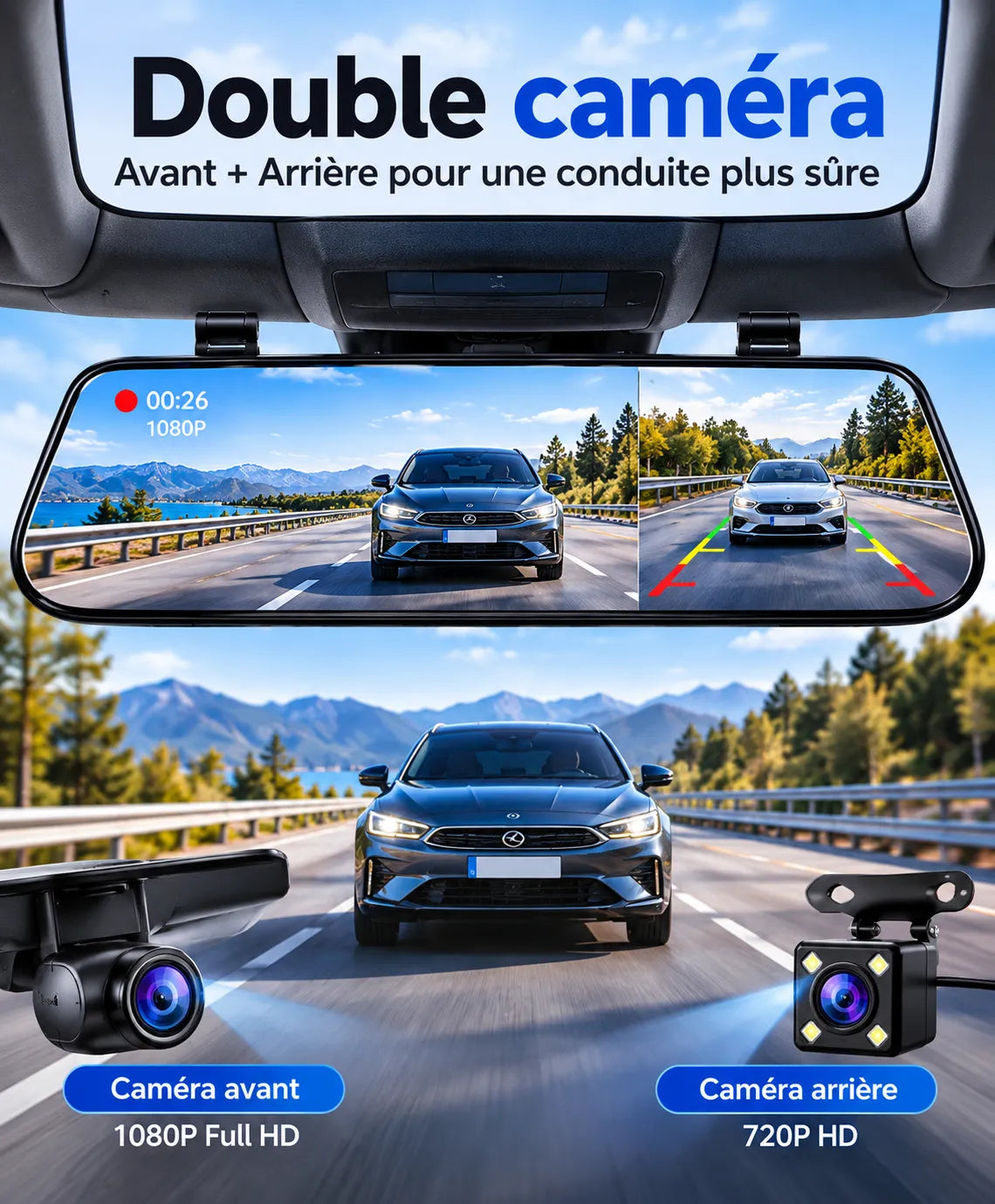 Dashcam Rétroviseur Double Objectif 1080p