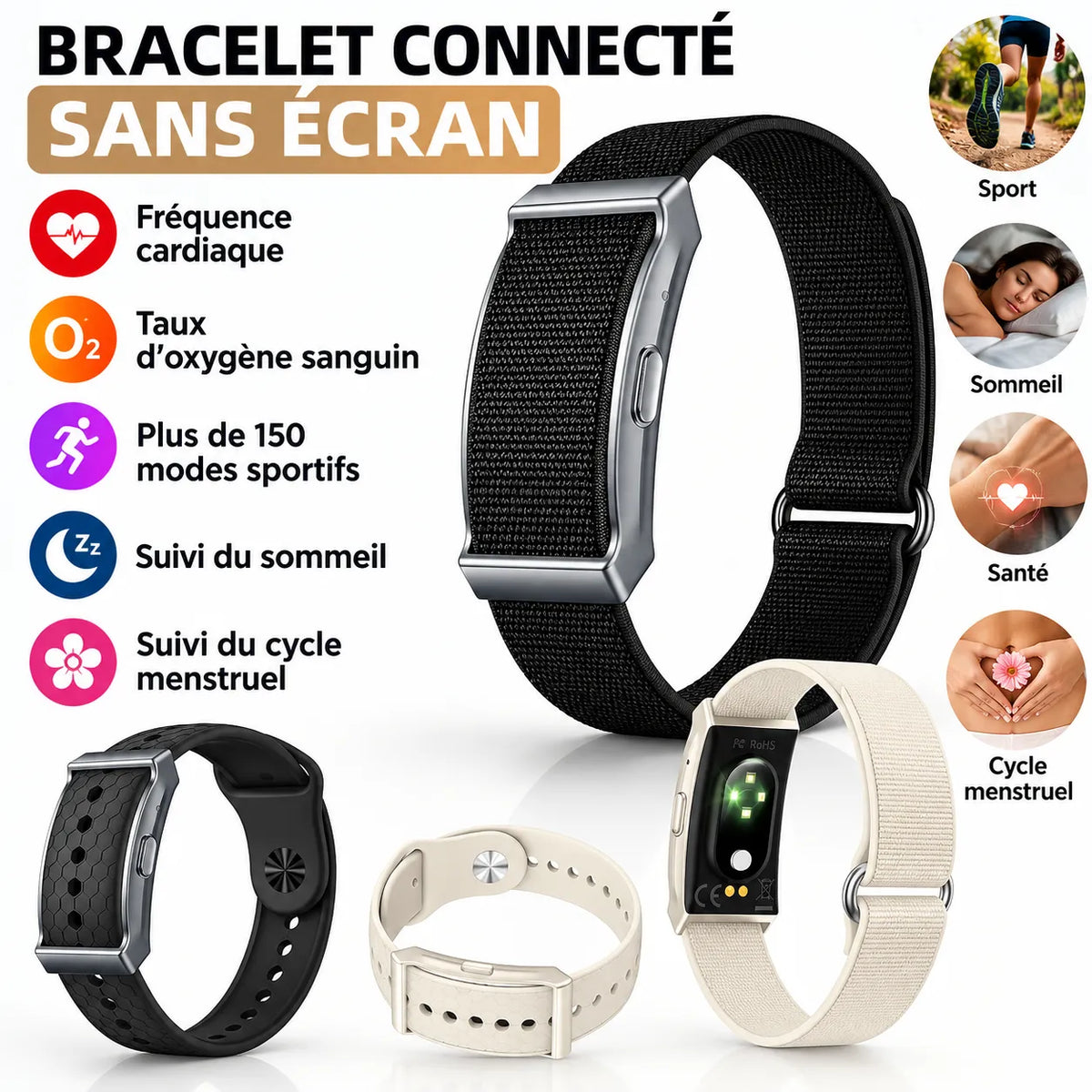 Bracelet Connecté Sans Écran - Suivi Santé & 21 Jours d’Autonomie / 2 Coloris