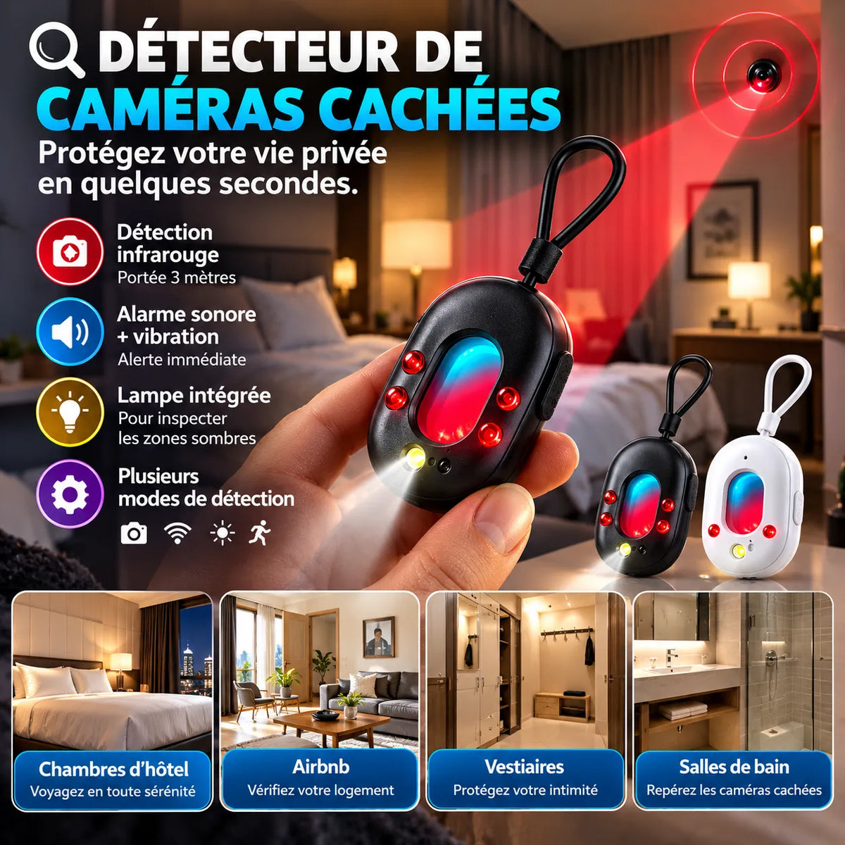 Détecteur de Caméras Cachées Infrarouge — Alarme Sonore & Vibration