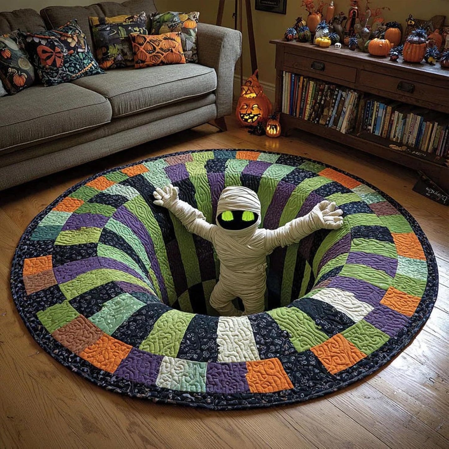 Tapis Rond Halloween Effet 3D — Imitation Cachemire 100×100 cm / 3 Motifs