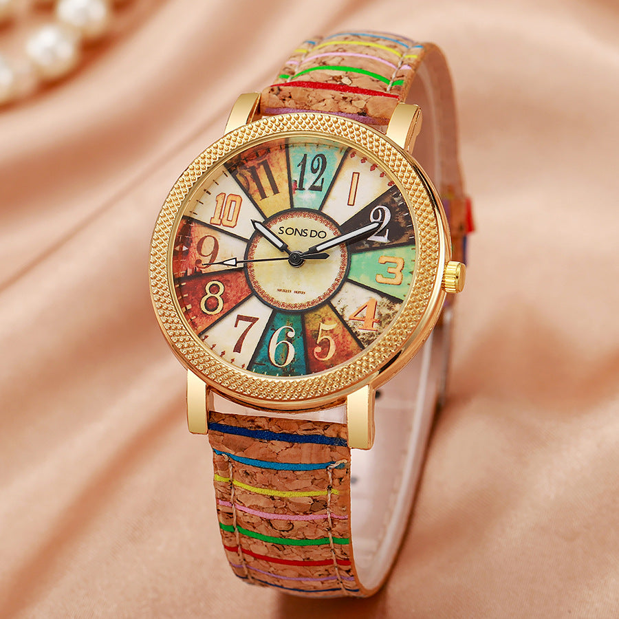 Montre Femme Rétro Cadran Bois Bracelet Cuir