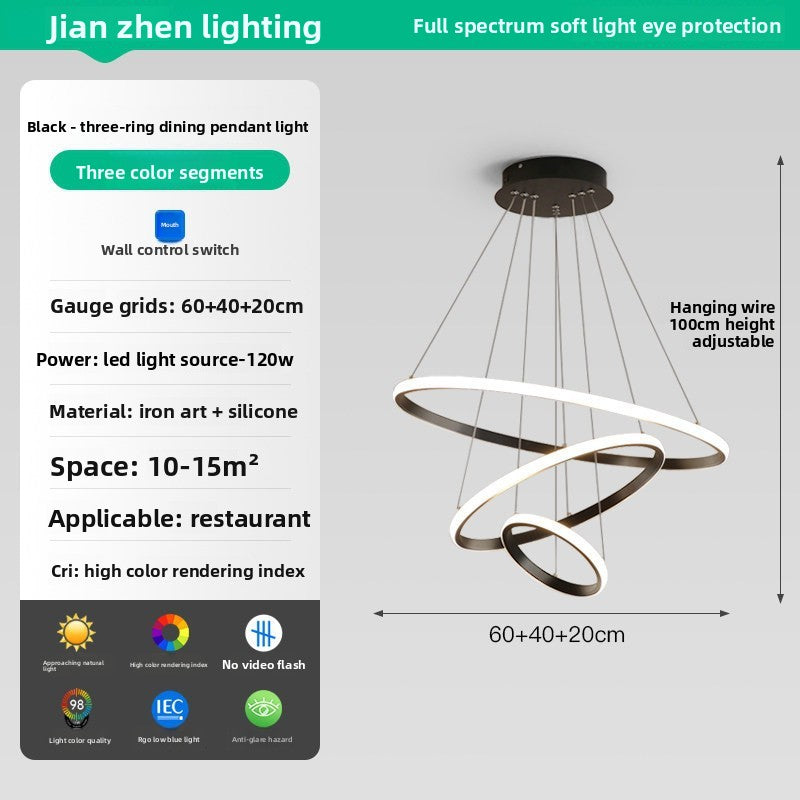 Lustre LED Nordique Triple Anneau 60W avec Télécommande – 3 Finitions