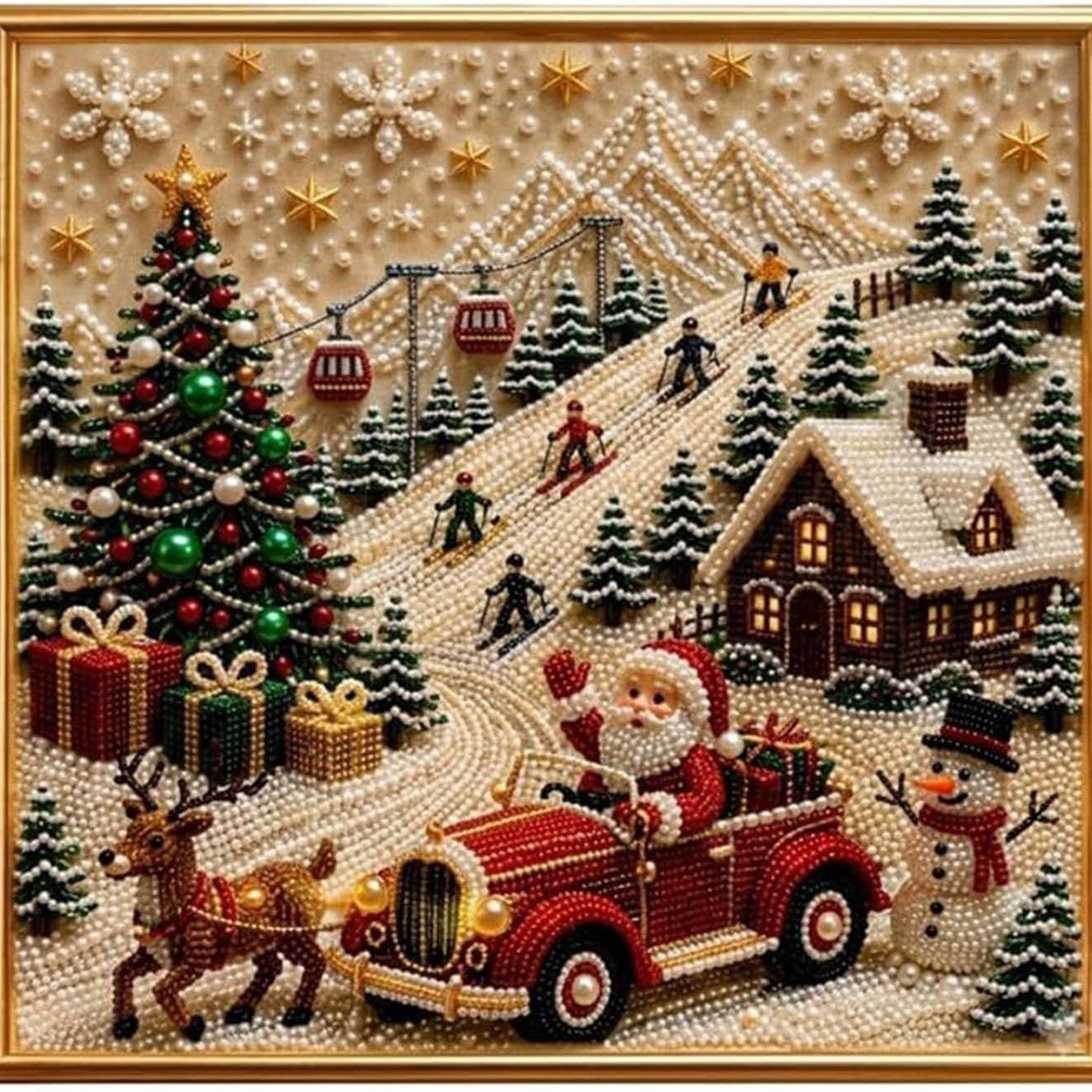 Peinture Diamant à la Perle — Kit DIY Thème Noël / 20×20 cm / Cadre Inclus