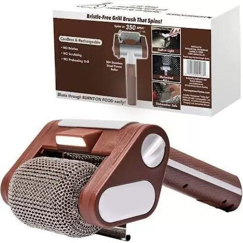 GrillSpin Pro – Oplaadbare BBQ-borstel van roestvrij staal 304 met rol | LED, Draadloos, Zwart/Goud & Bruin