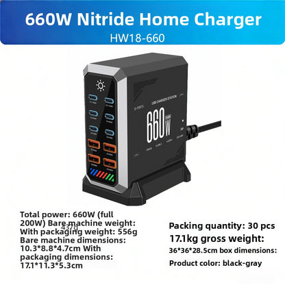 Station de Charge Bureau GaN 660W — 10 Ports (6 USB-C + 4 USB-A) / PD 140W / Tactile / LED RGB