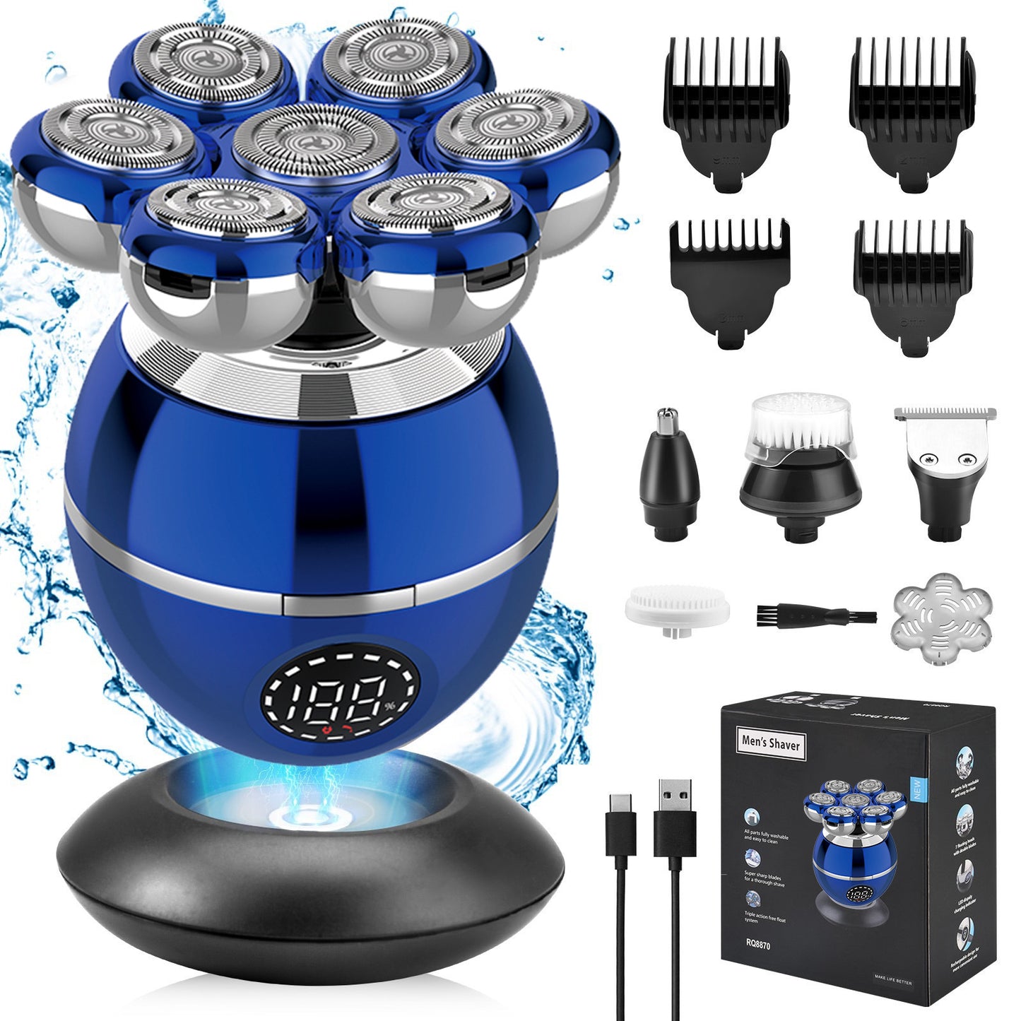Rasoir Électrique Intelligent pour Hommes — 7 Lames Rotatives