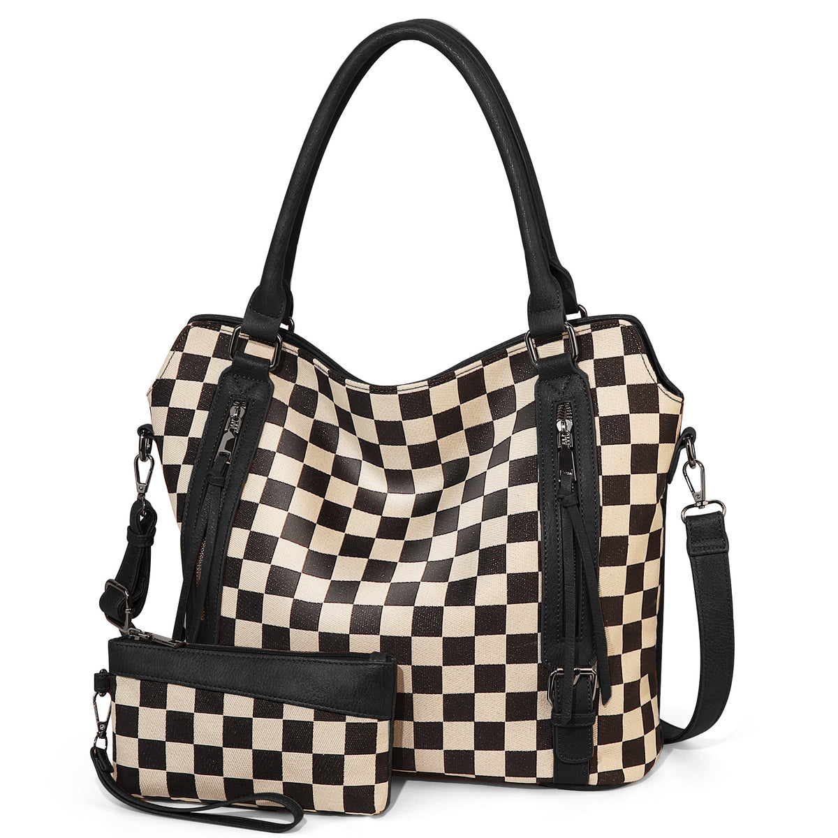 Tote Bag PU Carreaux & Léopard — 4 Coloris
