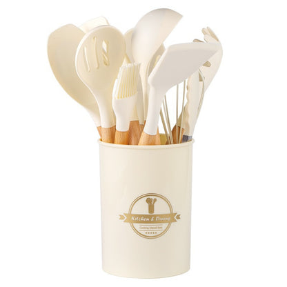 Set 12 Ustensiles Cuisine Silicone Manche Bois