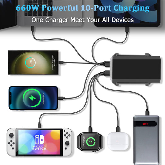 Station de Charge Bureau GaN 660W — 10 Ports (6 USB-C + 4 USB-A) / PD 140W / Tactile / LED RGB