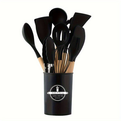Set 12 Ustensiles Cuisine Silicone Manche Bois