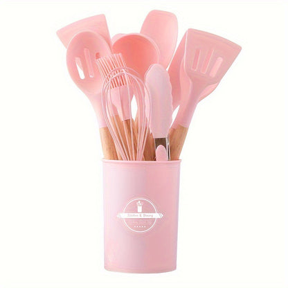 Set 12 Ustensiles Cuisine Silicone Manche Bois