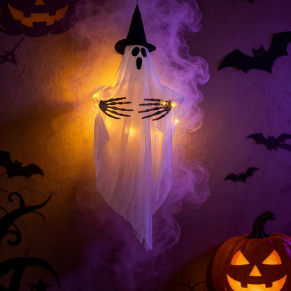Décoration Halloween Lumineuse — Chapeau Sorcier & Griffe Fantôme / 80×90 cm