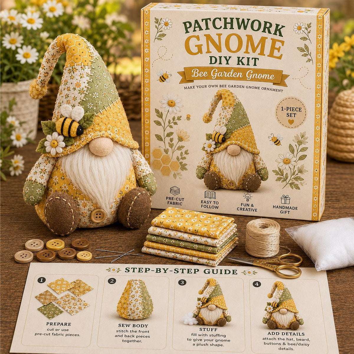 Kit DIY Gnome de Noël en Patchwork — Winter Cabin Gnome / Tissu Pré-Découpé / Guide Inclus