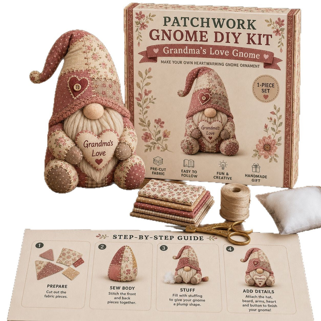 Kit DIY Gnome de Noël en Patchwork — Winter Cabin Gnome / Tissu Pré-Découpé / Guide Inclus