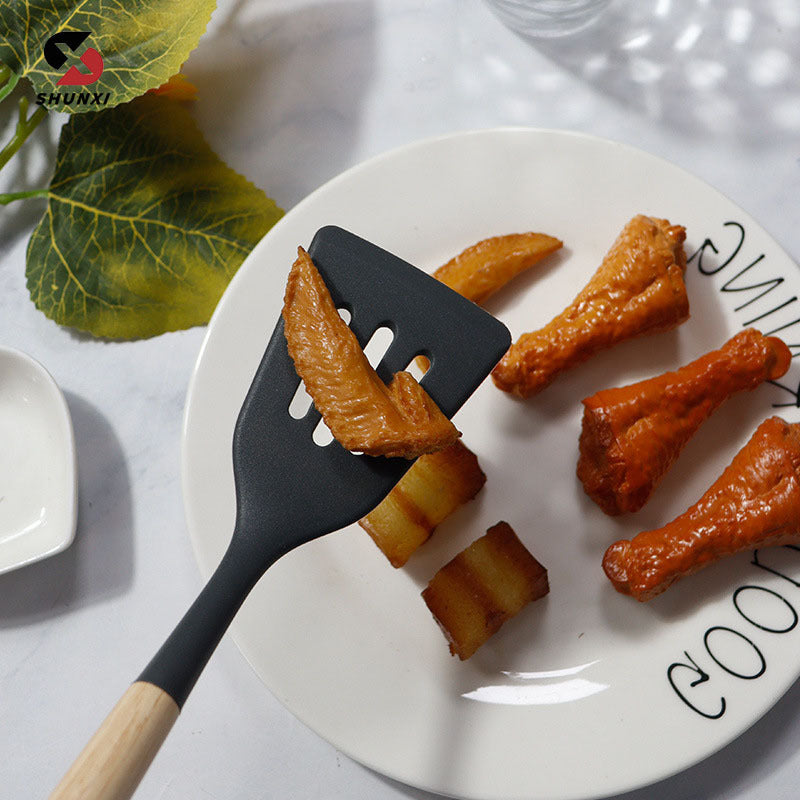 Set 12 Ustensiles Cuisine Silicone Manche Bois