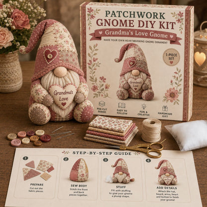 Kit DIY Gnome de Noël en Patchwork — Winter Cabin Gnome / Tissu Pré-Découpé / Guide Inclus