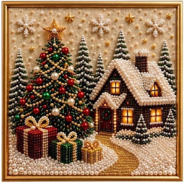 Peinture Diamant à la Perle — Kit DIY Thème Noël / 20×20 cm / Cadre Inclus