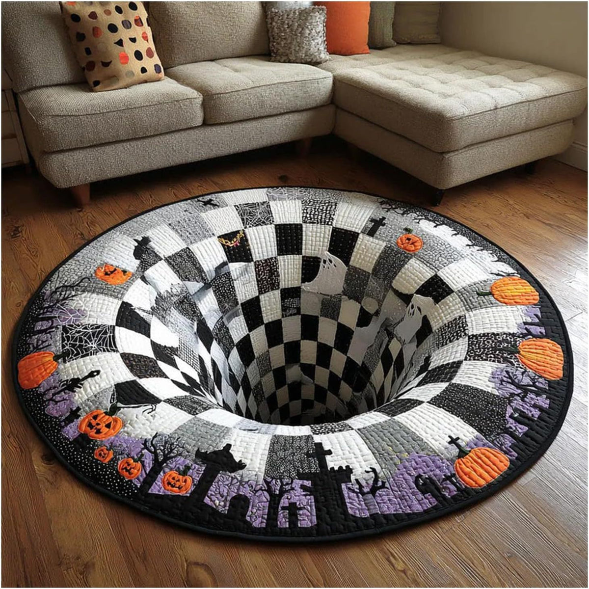 Tapis Rond Halloween Effet 3D — Imitation Cachemire 100×100 cm / 3 Motifs