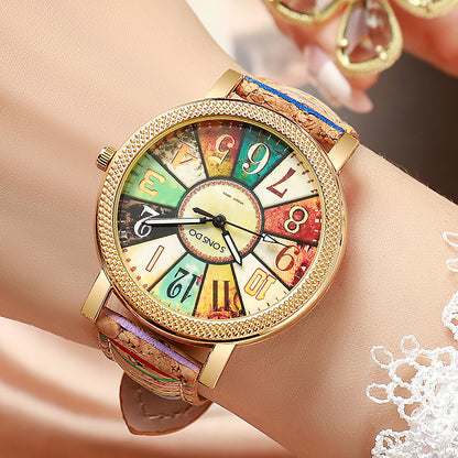 Montre Femme Rétro Cadran Bois Bracelet Cuir
